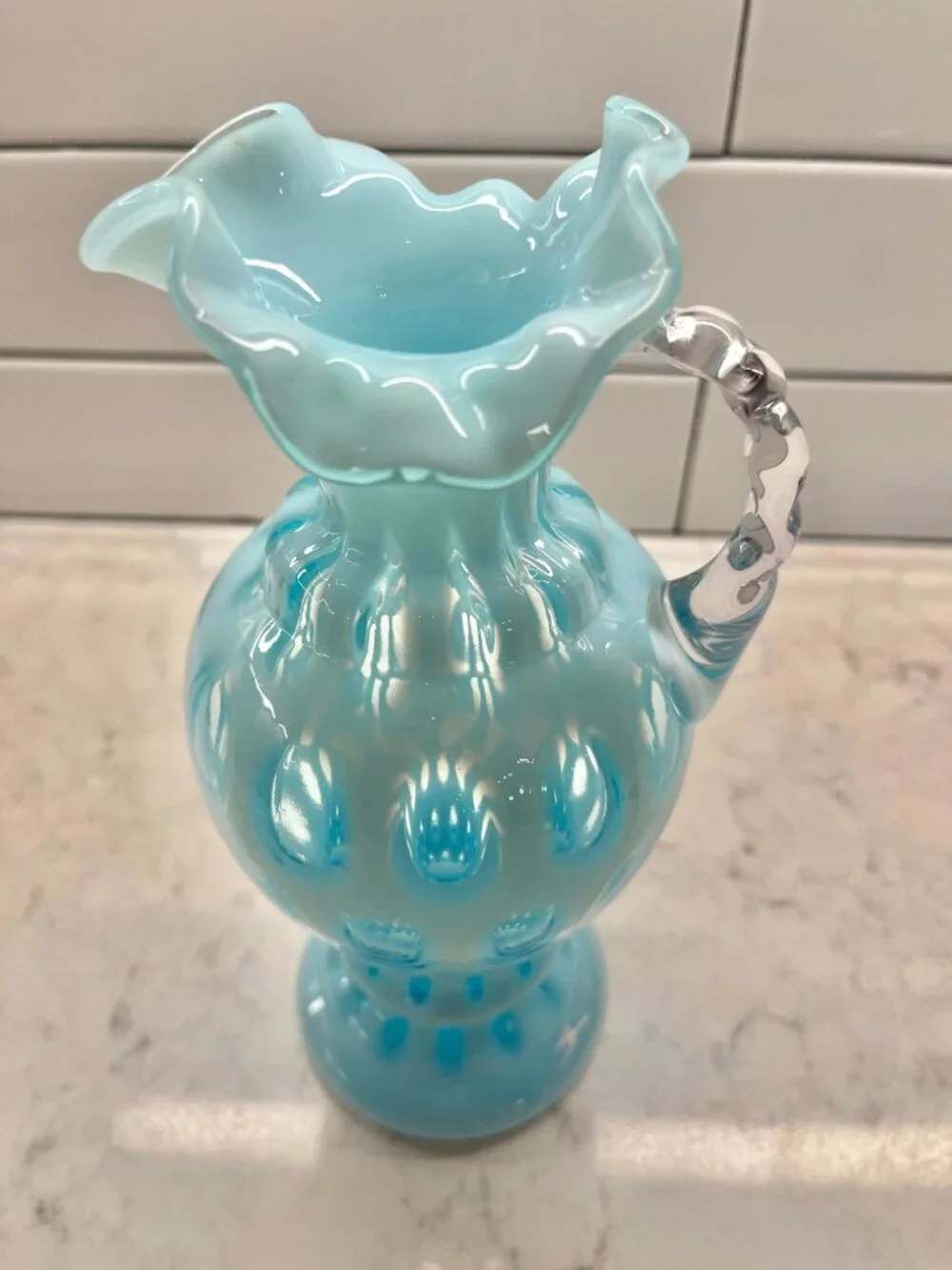 Vintage Fenton Art Glass Pitcher/Ewer in the Coin Dot Blue Opalescent Pattern